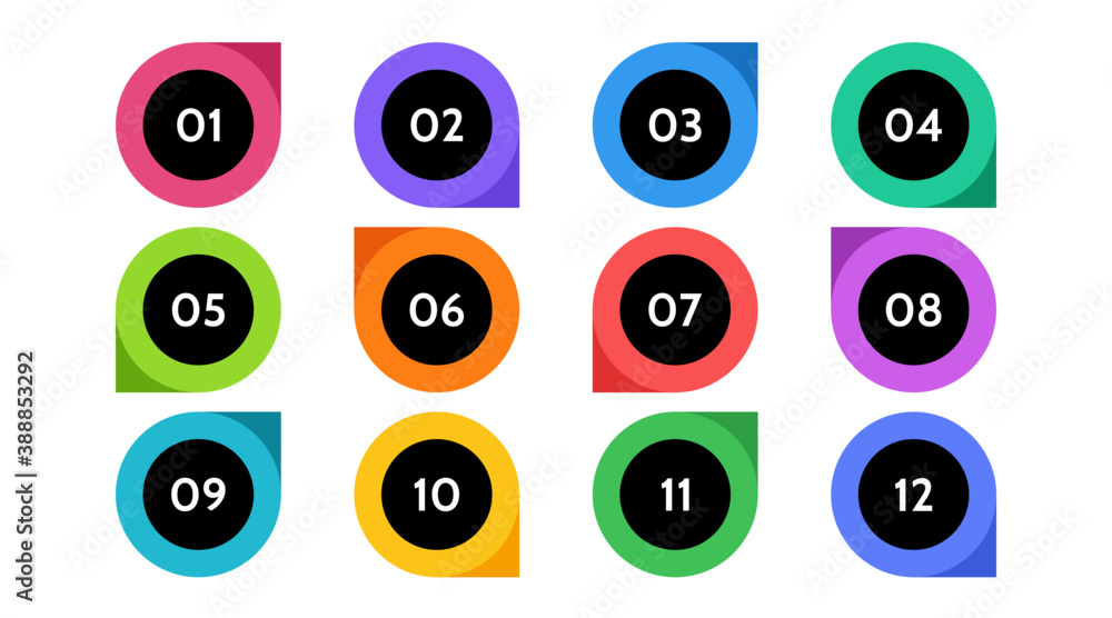 Bullet points data, info markers. icon arrow set. Number Flags 1 to 12 Flat design isolated vector. infographic illustration.