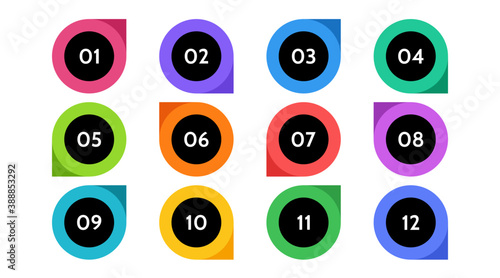 Bullet points data, info markers. icon arrow set. Number Flags 1 to 12 Flat design isolated vector. infographic illustration.