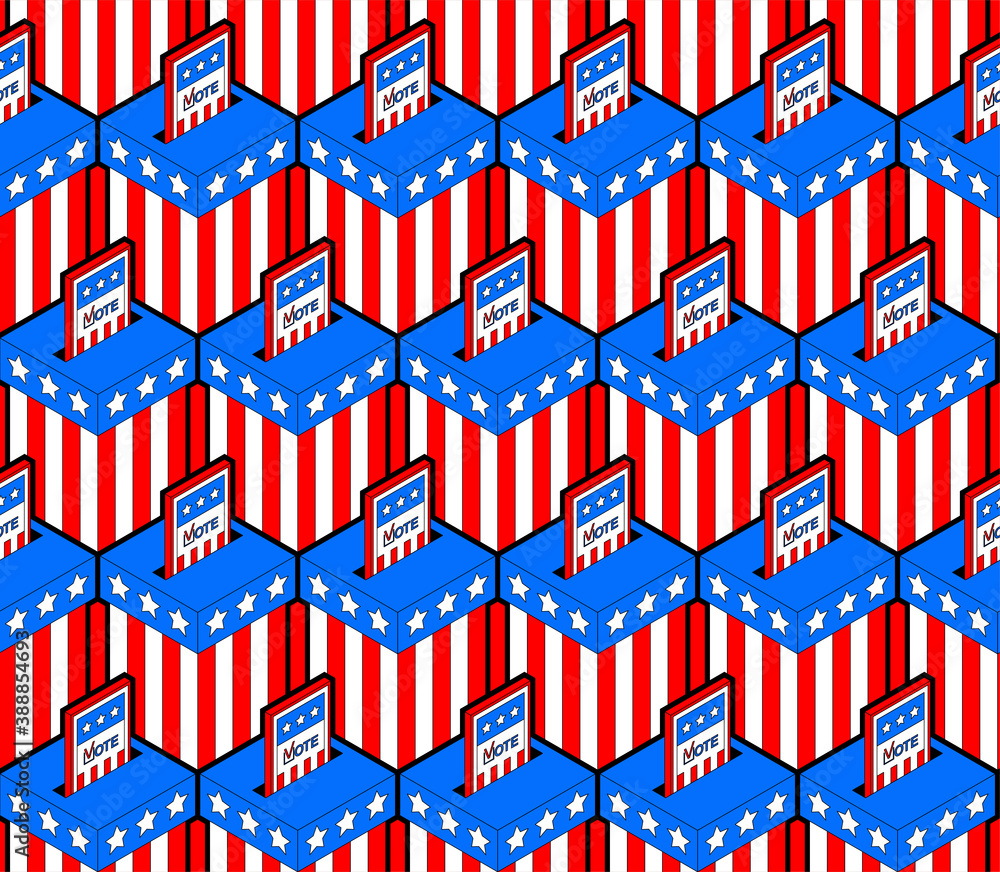 USA election day pattern seamless. Vote in ballot box background. Isometric vector ornament