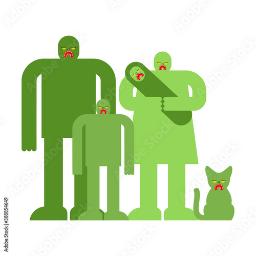 Zombie family. Zombi parents and children. Green household monsters