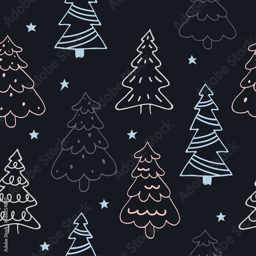 Christmas trees line hand drawn seamless pattern