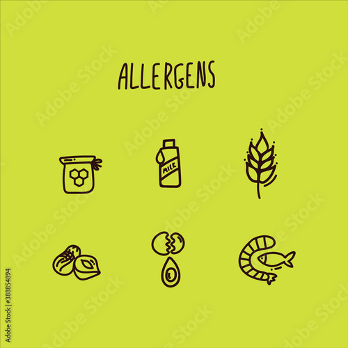 A set of allergen icons drawn linearly. Collection of food allergen icons. Pin for indicating allergens in food: Without gluten, lactose, honey, nuts, fish, eggs. Medical contraindications designation