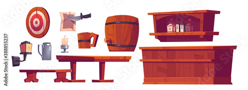 Beer pub, saloon, retro bar interior stuff and furniture wooden bench and desk, barrel, tankard, shelf with bottles, lantern, candles and darts, tin jar and old parchment with knife Cartoon vector set