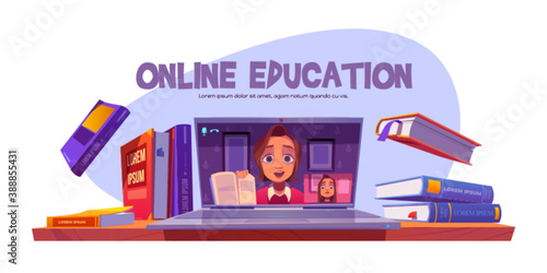 Online education banner with teacher conduct webinar for student remotely, girl studying via internet. Tutor teaching distant, video training technology, computer software, cartoon vector illustration