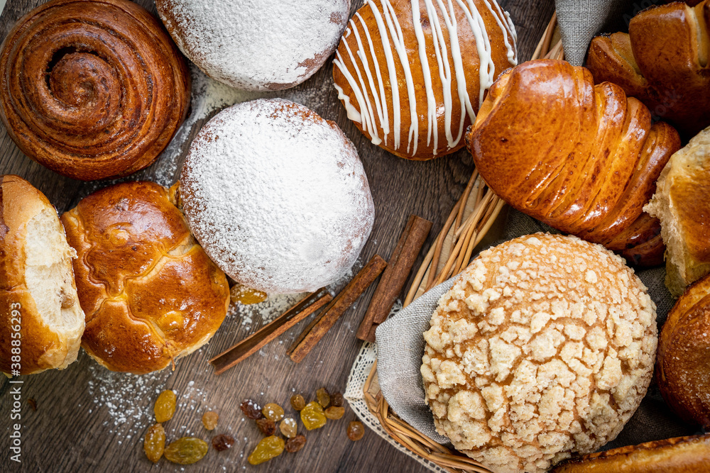Fresh pastries buns wicker basket rustic style bakery Fresh pastries buns wicker basket rustic style bakery