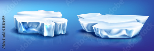 Ice floes iceberg pieces, glacier on blue frozen water surface with reflection. Arctic or north pole snow crystal blocks, isolated design elements, nature objects, Realistic 3d vector illustration