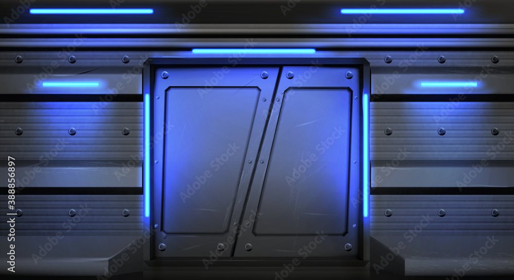 Old metal sliding doors with glowing neon lamps in spaceship, submarine or laboratory. Vector realistic interior of empty hallway in space ship with scratched closed gate. Steel doors in spacecraft Old metal sliding doors with glowing neon lamps in spaceship, submarine or laboratory. Vector realistic interior of empty hallway in space ship with scratched closed gate. Steel doors in spacecraft