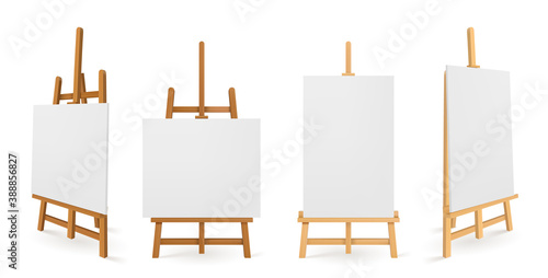 Wooden easels or painting art boards with white canvas front and side view. Artwork blank posters mockup. Wood stands with paper or cloth, artist equipment, Realistic 3d vector illustration, templates