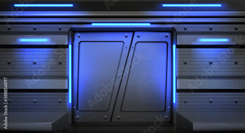 Fototapeta Naklejka Na Ścianę i Meble -  Old metal sliding doors with glowing neon lamps in spaceship, submarine or laboratory. Vector realistic interior of empty hallway in space ship with scratched closed gate. Steel doors in spacecraft