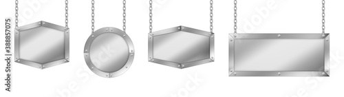 Metal signboards different shapes, board with steel frame hanging on chains. Vector realistic set of blank silver signs, advertising banners with rivets isolated on white background