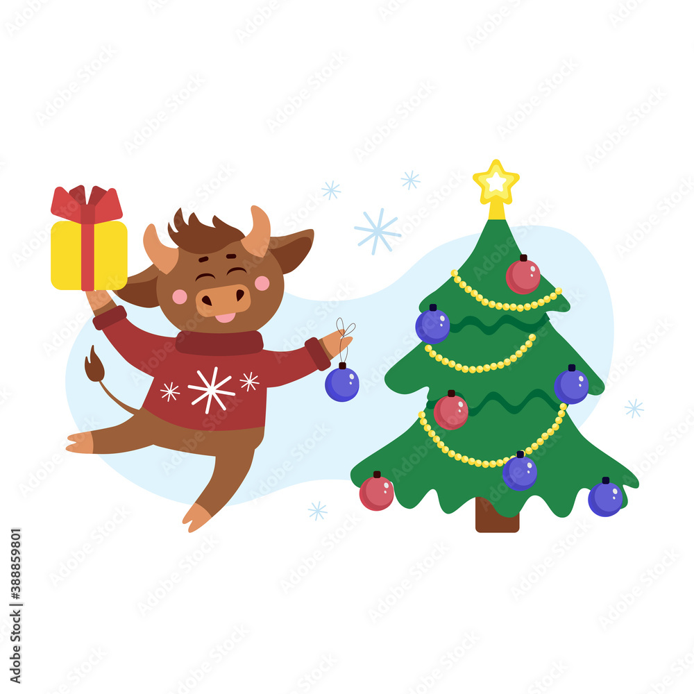 Vector christmas illustration of cow, ox or bull in ugly sweater with gift box decorate the Christmas tree around snow flakes. Year of bull 2021 concept. Christmas holidays, xmas illustration Vector christmas illustration of cow, ox or bull in ugly sweater with gift box decorate the Christmas tree around snow flakes. Year of bull 2021 concept. Christmas holidays, xmas illustration