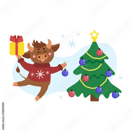Vector christmas illustration of cow, ox or bull in ugly sweater with gift box decorate the Christmas tree around snow flakes. Year of bull 2021 concept. Christmas holidays, xmas illustration