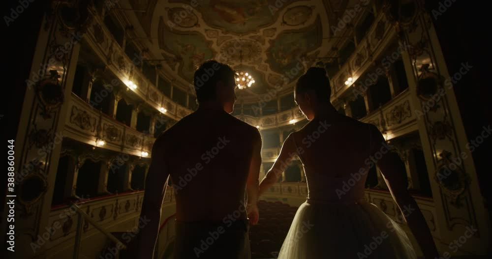 Cinematic shot of young couple of classical ballet dancers is going out on classic theatre stage with dramatic lighting for performing choreography together before start of show.
