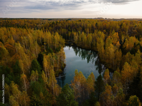 Fototapeta Naklejka Na Ścianę i Meble -  Aerial view of beautiful natural landscape. Lake in golden autumn forest