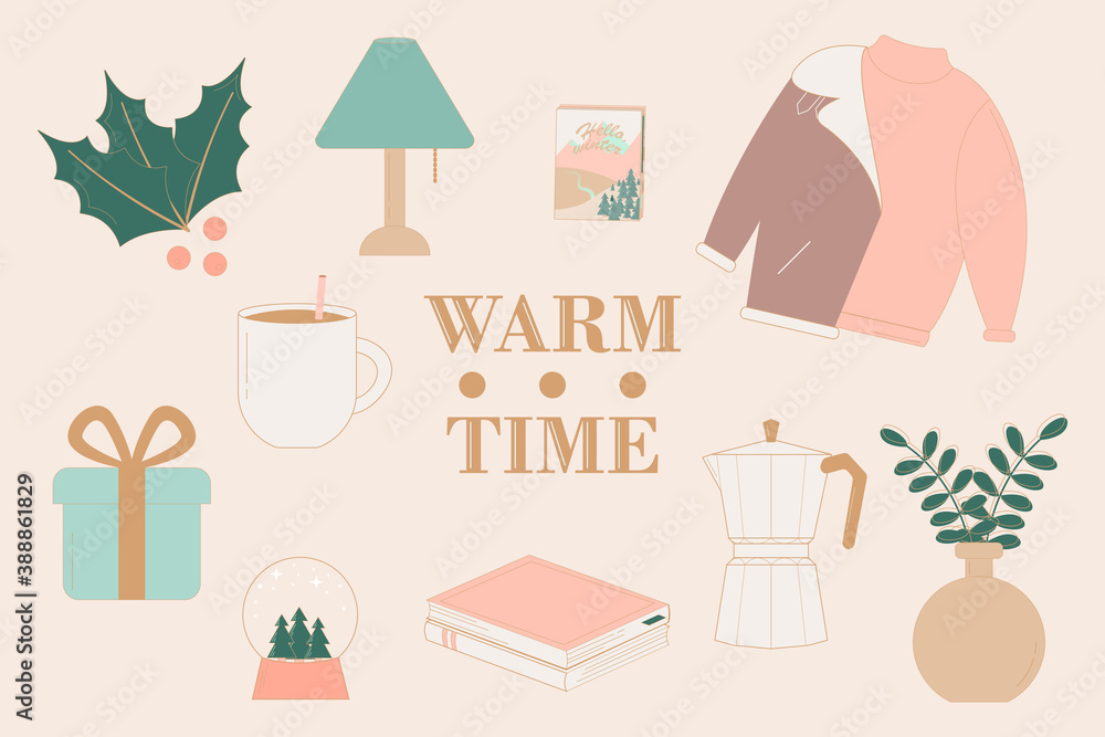 Winter illustration with set of cozy objects. Hygge lifestyle, cute winter elements for stickers. Greeting card design with old coffee maker, books and sweater