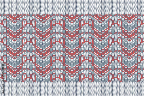 Christmas and Winter holiday knitting pattern for plaid, sweater design. Vector seamless pattern in grey, red colors with elastic band.  Plain and ribbed knitting.