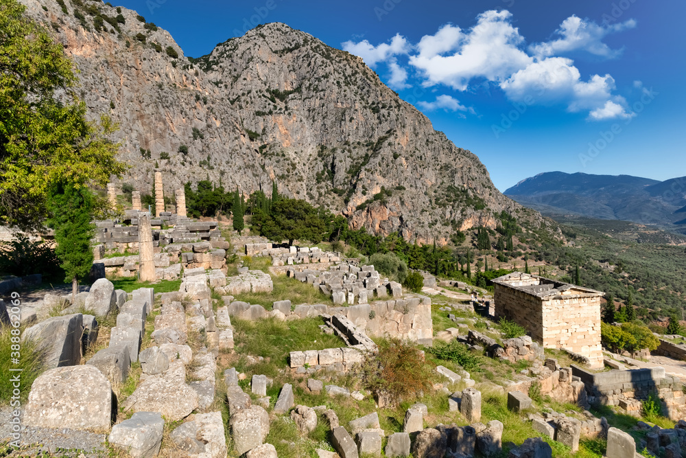 Archeological site of Delphi, Greece, a sacred precinct in ancient times that served as the seat of Pythia, the major oracle who was consulted about important decisions