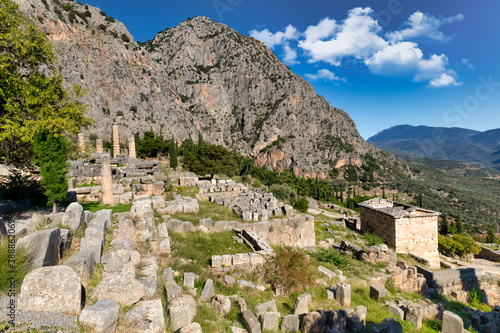 Archeological site of Delphi, Greece, a sacred precinct in ancient times that served as the seat of Pythia, the major oracle who was consulted about important decisions