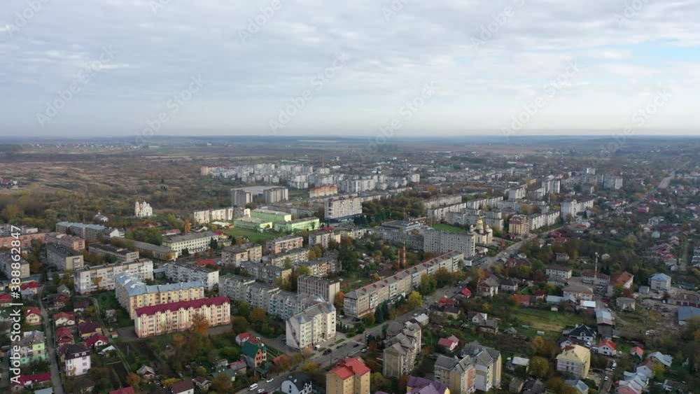 Aerial drone Autumn landscape of town with view on residential address area Aerial drone Autumn landscape of town with view on residential address area
