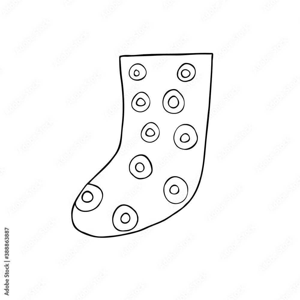 Christmas stocking simple hand drawn in doodle style vector outline illustration for coloring page, greeting cards, family gatherings winter holidays design, wintertime festive period celebration