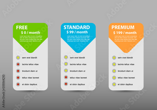 Offer of three price categories of products and services. Vector illustration cards on black background