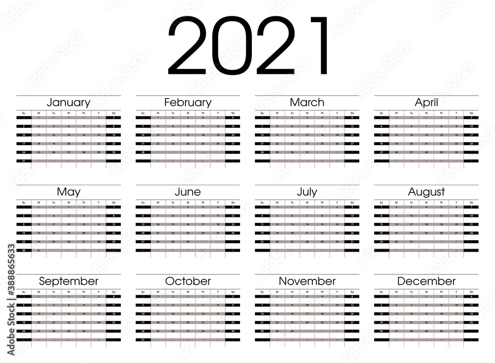 Fototapeta premium Calendar 2021. Planner 2021 year. Calendar design template. English calender. Сolor vector. Week starts on Sunday.