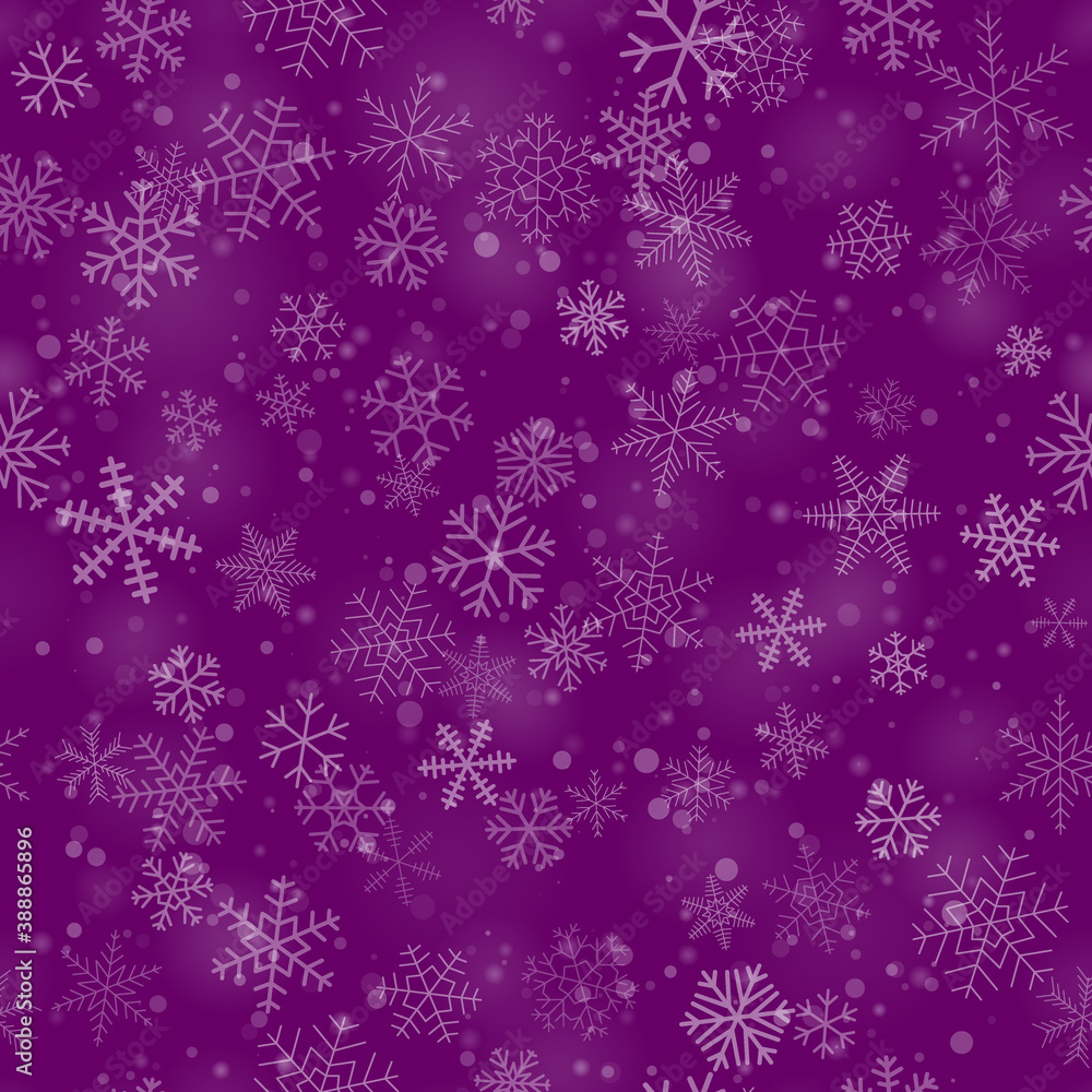 Christmas seamless pattern of snowflakes of different shapes, sizes and transparency, on purple background