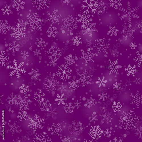 Christmas seamless pattern of snowflakes of different shapes, sizes and transparency, on purple background © Aleksei Solovev
