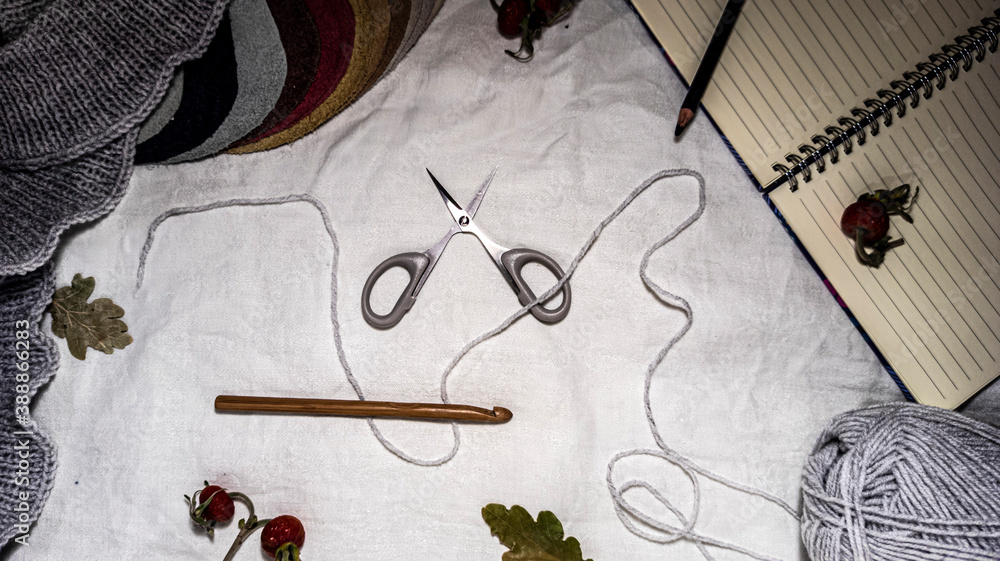 Photo of a crochet hook, wool yarn queens, knitting. Gray color scheme. Background for content. Crochet. Hobby. Flatley.