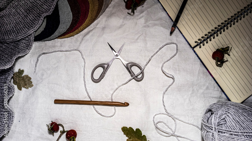 Obraz na płótnie Photo of a crochet hook, wool yarn queens, knitting. Gray color scheme. Background for content. Crochet. Hobby. Flatley. w salonie