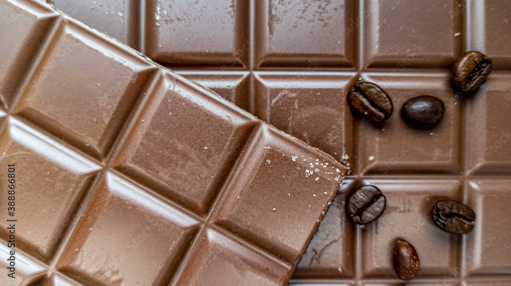 Photo of chocolate bar, coffee beans