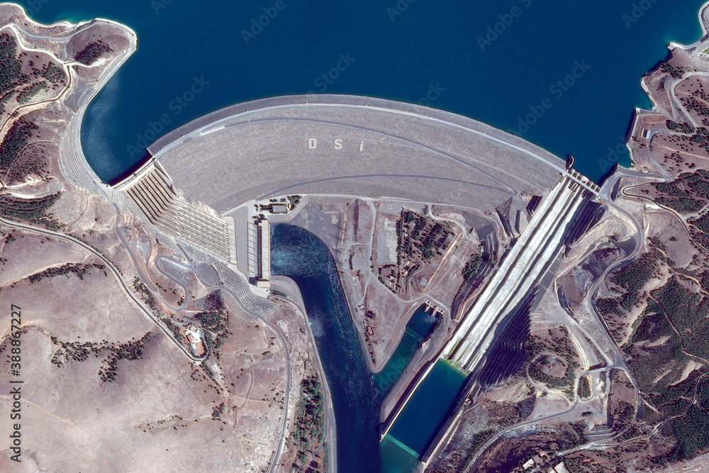 Atatürk dam and hydroelectric power plant bird’s eye wiev , looking