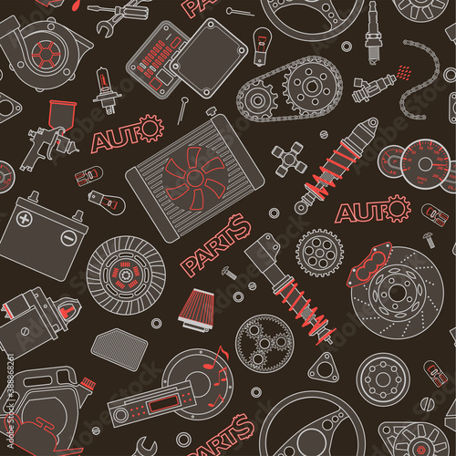 Seamless dark background with car parts and elements