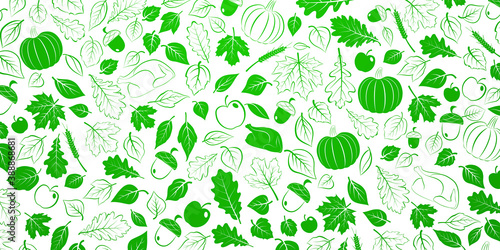 Happy Thanksgiving background with autumn leaves, vegetables and turkey, green on white