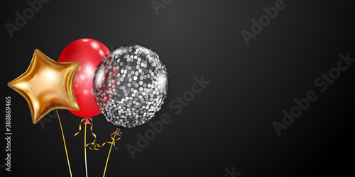 Festive background with golden, red and silver air balloons and shiny pieces of serpentine. Vector illustration for posters, flyers or cards.