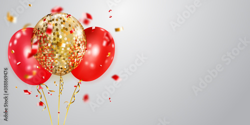 Festive background with golden and red air balloons and shiny pieces of serpentine. Vector illustration for posters, flyers or cards.
