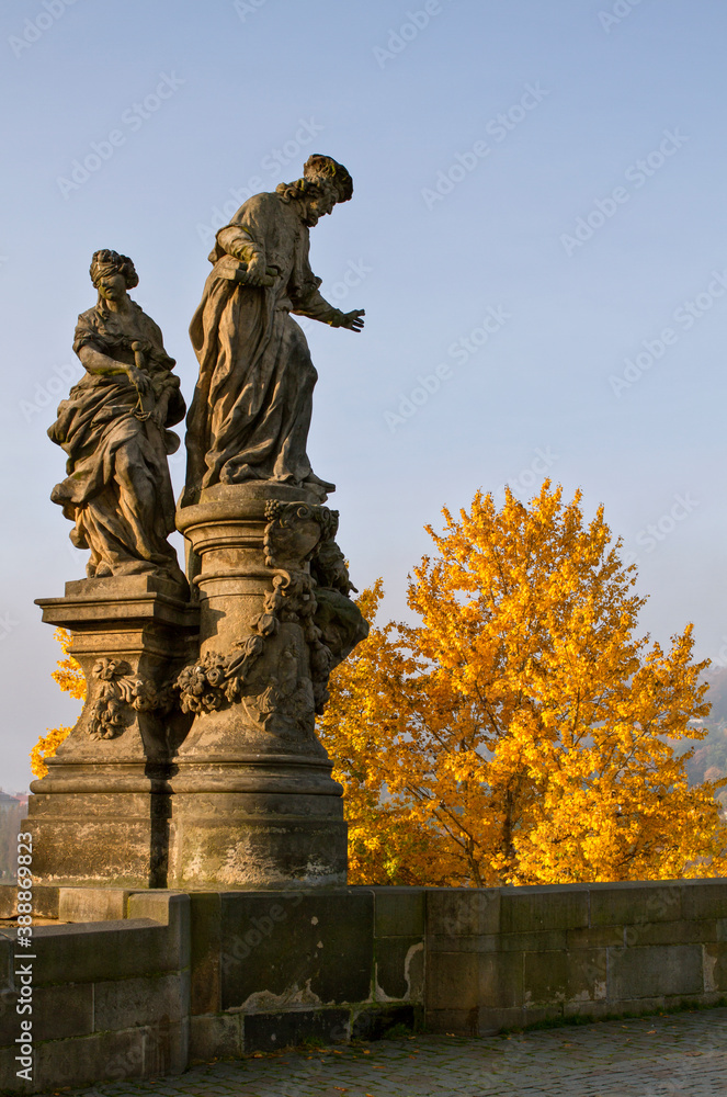 PRAGUE. CZECH REPUBLIIC. On October 25.2020. The famous Charles Bridge one of the famous destinations in Prague. The decoration is sculptures and statues. European travel. Europe . PRAGUE. CZECH REPUBLIIC. On October 25.2020. The famous Charles Bridge one of the famous destinations in Prague. The decoration is sculptures and statues. European travel. Europe .