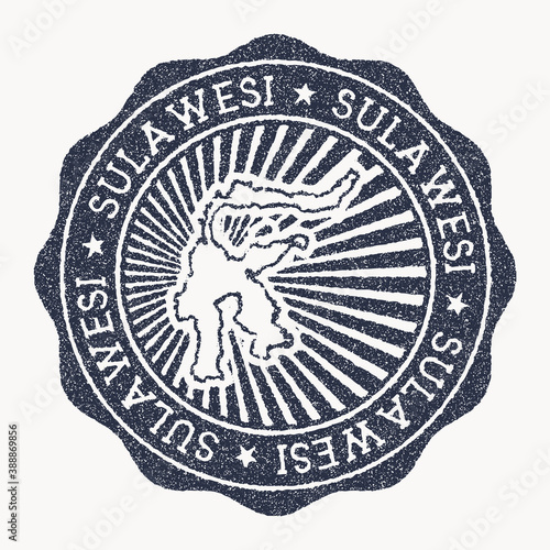 Sulawesi stamp. Travel rubber stamp with the name and map of the island, vector illustration. Can be used as insignia, logotype, label, sticker or badge of Sulawesi.