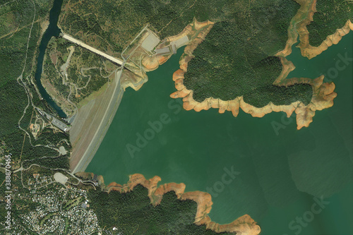 Oroville dam and hydroelectric power plant looking down aerial view from above, Bird’s eye view oroville dam - California, USA photo