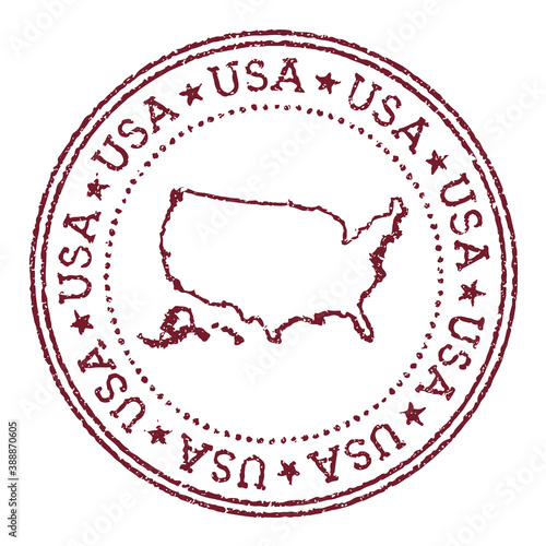 USA round rubber stamp with country map. Vintage red passport stamp with circular text and stars, vector illustration.