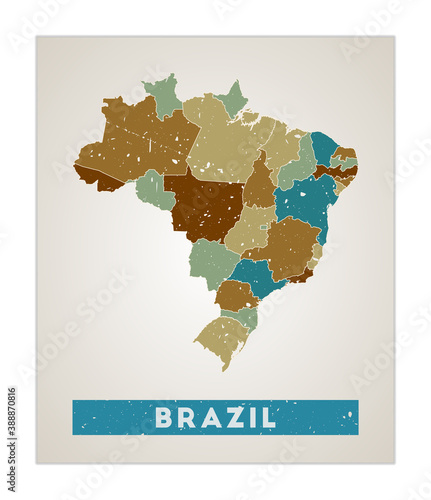 Brazil map. Country poster with regions. Old grunge texture. Shape of Brazil with country name. Awesome vector illustration.