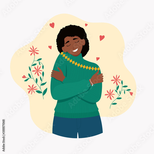 Love yourself. Young african woman hugging oneself, happy, positive, and smiling. Cute vector illustration in flat style