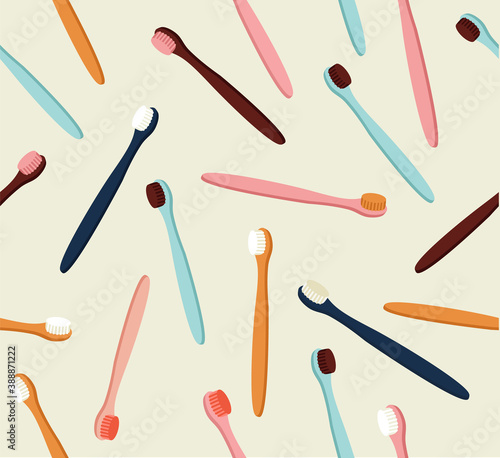 Seamless pattern of colored toothbrushes in pink, yellow, blue, and burgundy color. Hand-drawn illustration of dental care tools. Colorful background texture for textile, fabric, paper. 