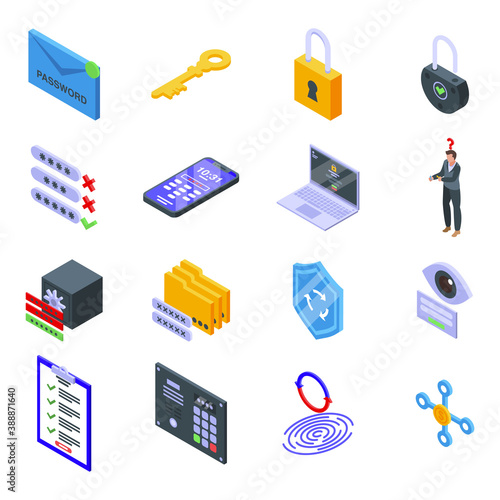 Password recovery icons set. Isometric set of password recovery vector icons for web design isolated on white background