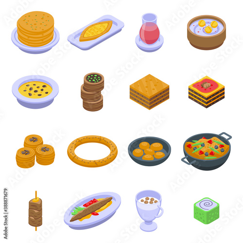Turkish food icons set. Isometric set of turkish food vector icons for web design isolated on white background