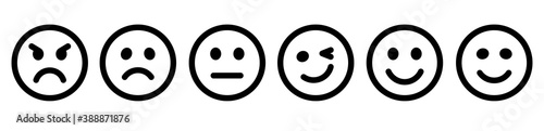 Emoticons buttons set. Vector web emoticons set isolated on white background in simple flat design. Set of Emoji outline icons. Smileys. Emotion icons from positive to negative. Outline icons. Vector