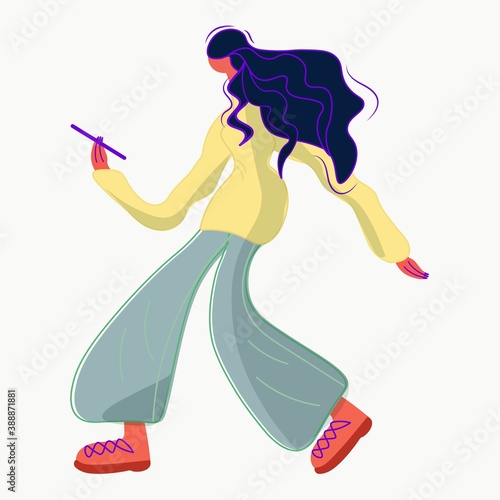 illustration of a cute athletic girl running with phone and talcs, in a hurry. Vector isolated on white background.