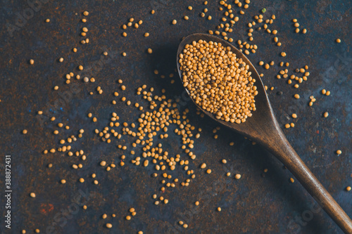 Mustard seeds in a small brown wooden spoon on a rough surface