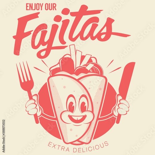 retro cartoon logo with happy fajita