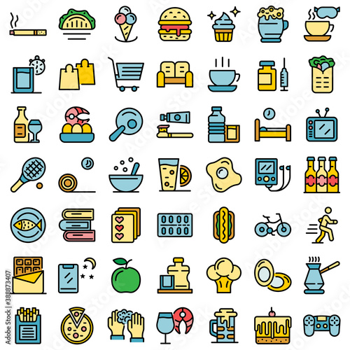 Habit icons set. Outline set of habit vector icons thin line color flat on white